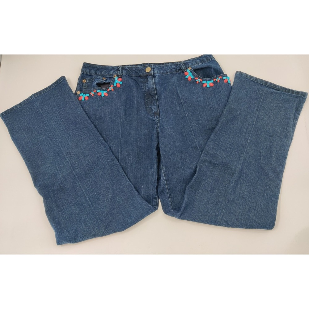 Ruby Rd Petite Bead Embellished Pockets Flare Jeans Blue Denim‎ Women Size 14P